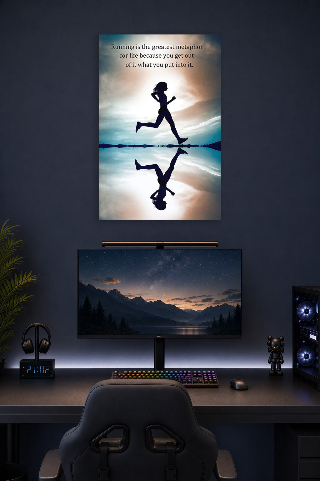 Running Silhouette Motivational Quote in a gaming desk setup above a monitor.