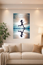 Running Silhouette Motivational Quote in a bright living room above a beige sofa.