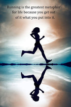 Running motivational wall art print with a leaping runner silhouette reflected in water beneath a blue and peach cloudy sky.