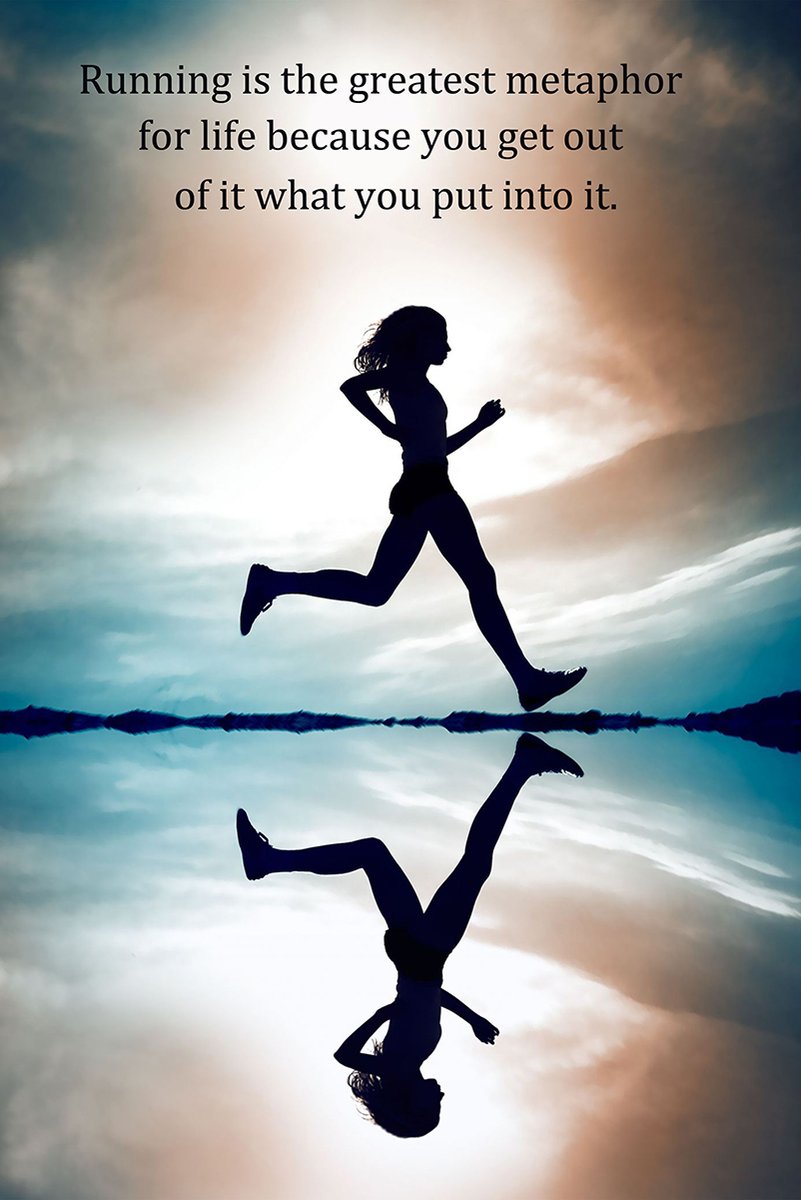 Running motivational wall art print with a leaping runner silhouette reflected in water beneath a blue and peach cloudy sky.