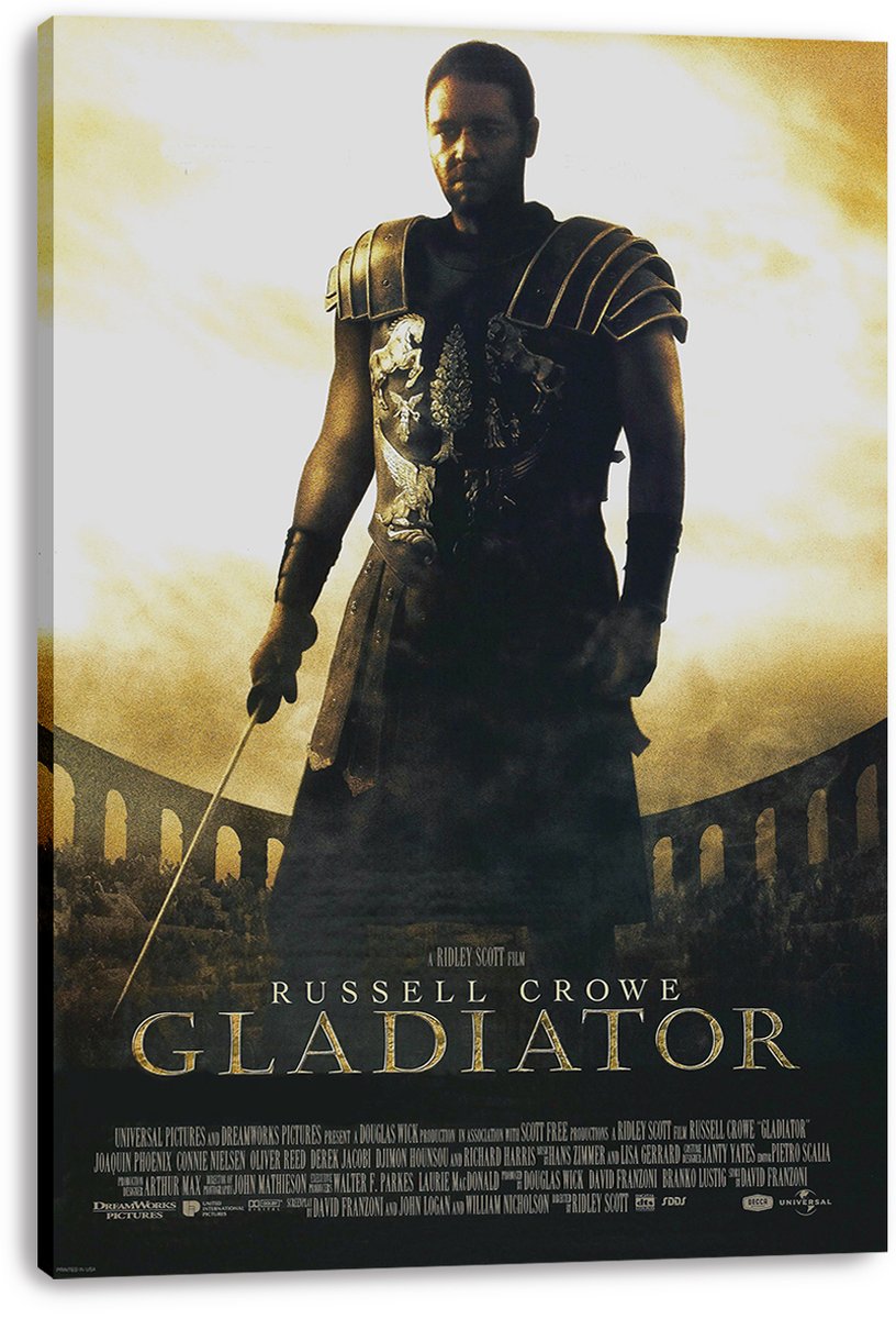 Gladiator canvas wall art print displaying Russell Crowe as an armored Roman warrior with sword and arena arches in gold tones.