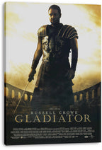 Gladiator canvas wall art print displaying Russell Crowe as an armored Roman warrior with sword and arena arches in gold tones.