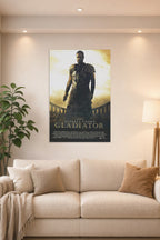 Russell Crowe Gladiator Movie in a bright living room above a beige sofa.