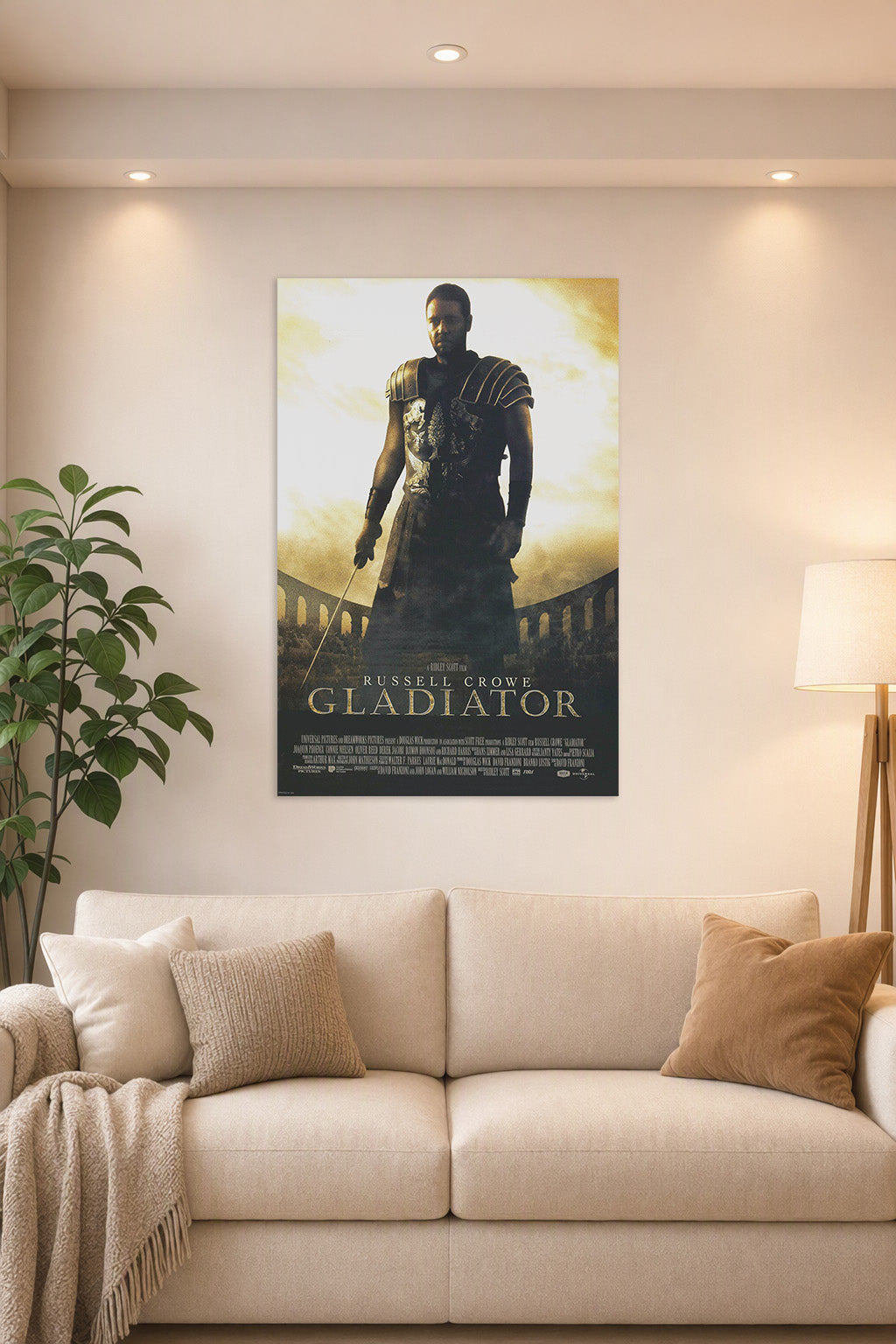 Russell Crowe Gladiator Movie in a bright living room above a beige sofa.