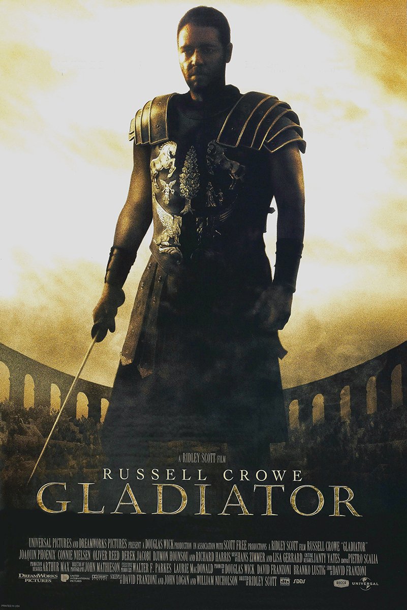 Gladiator movie poster wall art print with Russell Crowe in Roman armor holding a sword before a golden arena.