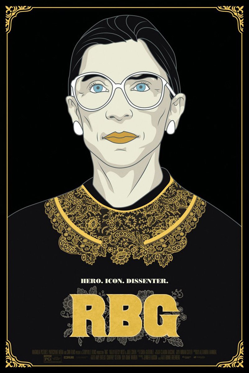 Ruth Bader Ginsburg wall art print featuring blue-eyed graphic portrait, ornate gold collar, and Hero. Icon. Dissenter. text.