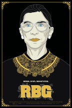 Ruth Bader Ginsburg wall art print featuring blue-eyed graphic portrait, ornate gold collar, and Hero. Icon. Dissenter. text.