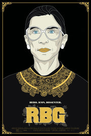 Ruth Bader Ginsburg wall art print featuring blue-eyed graphic portrait, ornate gold collar, and Hero. Icon. Dissenter. text.