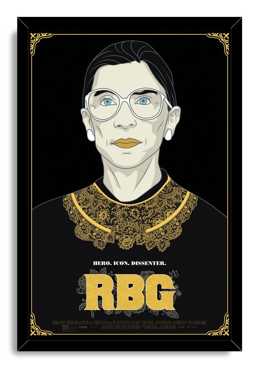 Ruth Bader Ginsburg framed wall art print with a black frame, gold border, illustrated portrait, and large RBG title.