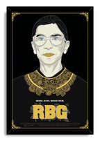 Ruth Bader Ginsburg framed wall art print with a black frame, gold border, illustrated portrait, and large RBG title.