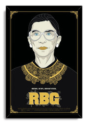 Ruth Bader Ginsburg framed wall art print with a black frame, gold border, illustrated portrait, and large RBG title.