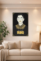 Ruth Bader Ginsburg in a bright living room above a beige sofa.