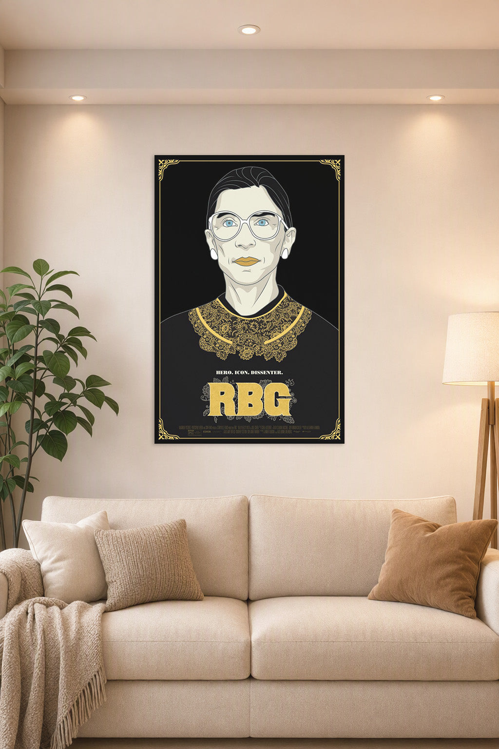 Ruth Bader Ginsburg in a bright living room above a beige sofa.