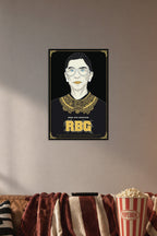 Ruth Bader Ginsburg in a cozy movie room above a brown sofa with popcorn.