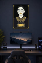 Ruth Bader Ginsburg in a gaming desk setup above a monitor.