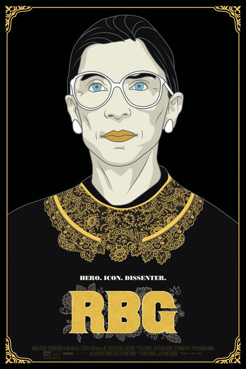 Ruth Bader Ginsburg poster with a stylized portrait, white glasses, gold lace collar, and bold gold RBG lettering on black.