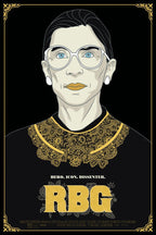 Ruth Bader Ginsburg poster with a stylized portrait, white glasses, gold lace collar, and bold gold RBG lettering on black.