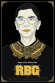 Ruth Bader Ginsburg poster with a stylized portrait, white glasses, gold lace collar, and bold gold RBG lettering on black.