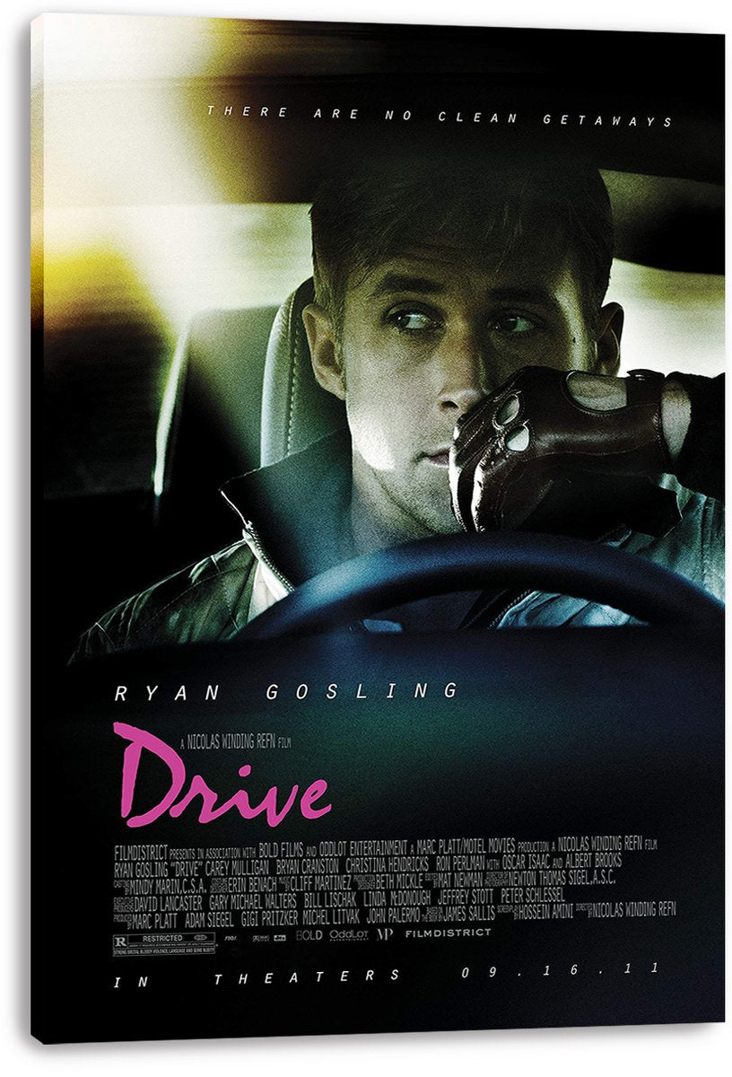Drive movie poster canvas wall art featuring Ryan Gosling seated behind a steering wheel, with pink title lettering and dark teal tones.
