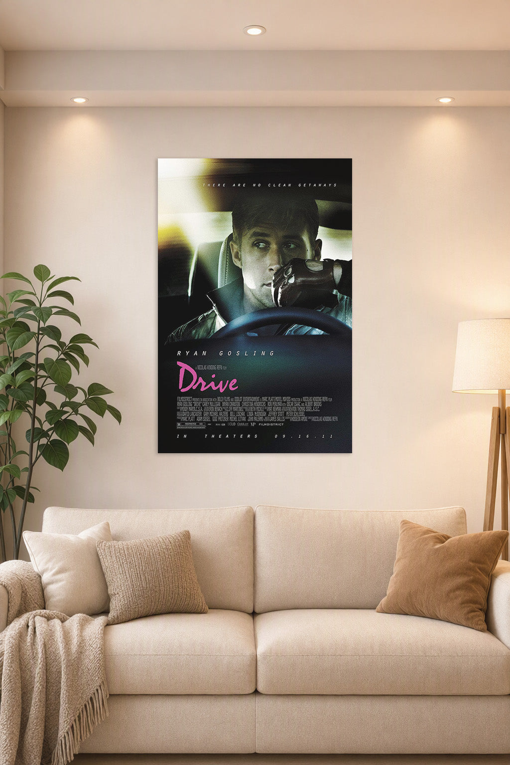Ryan Gosling Drive Movie in a bright living room above a beige sofa.