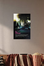 Ryan Gosling Drive Movie in a cozy movie room above a brown sofa with popcorn.