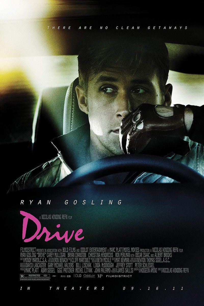 Drive movie poster wall art print featuring Ryan Gosling in a car, wearing a dark leather driving glove above a blue steering wheel.