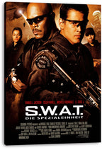 S.W.A.T. wall art print on a stretched canvas depicts armed tactical officers beneath a helicopter and glowing city skyline.