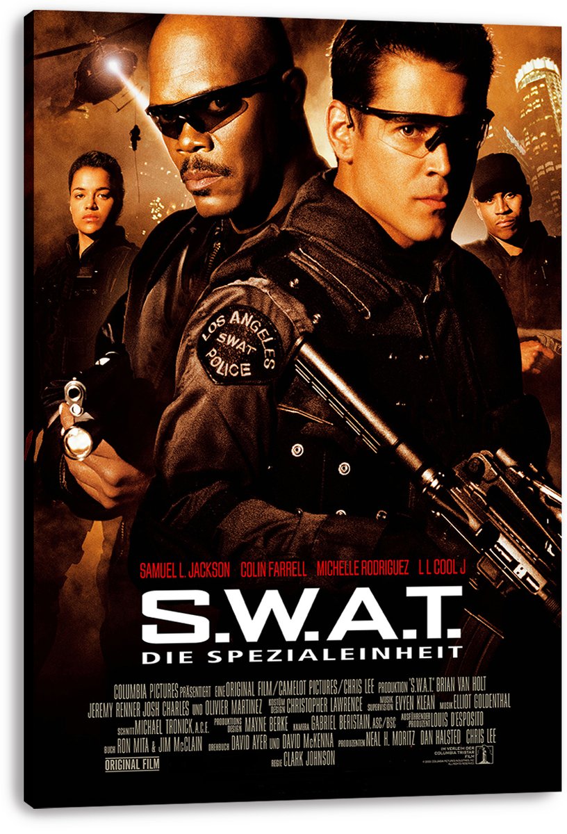 S.W.A.T. wall art print on a stretched canvas depicts armed tactical officers beneath a helicopter and glowing city skyline.