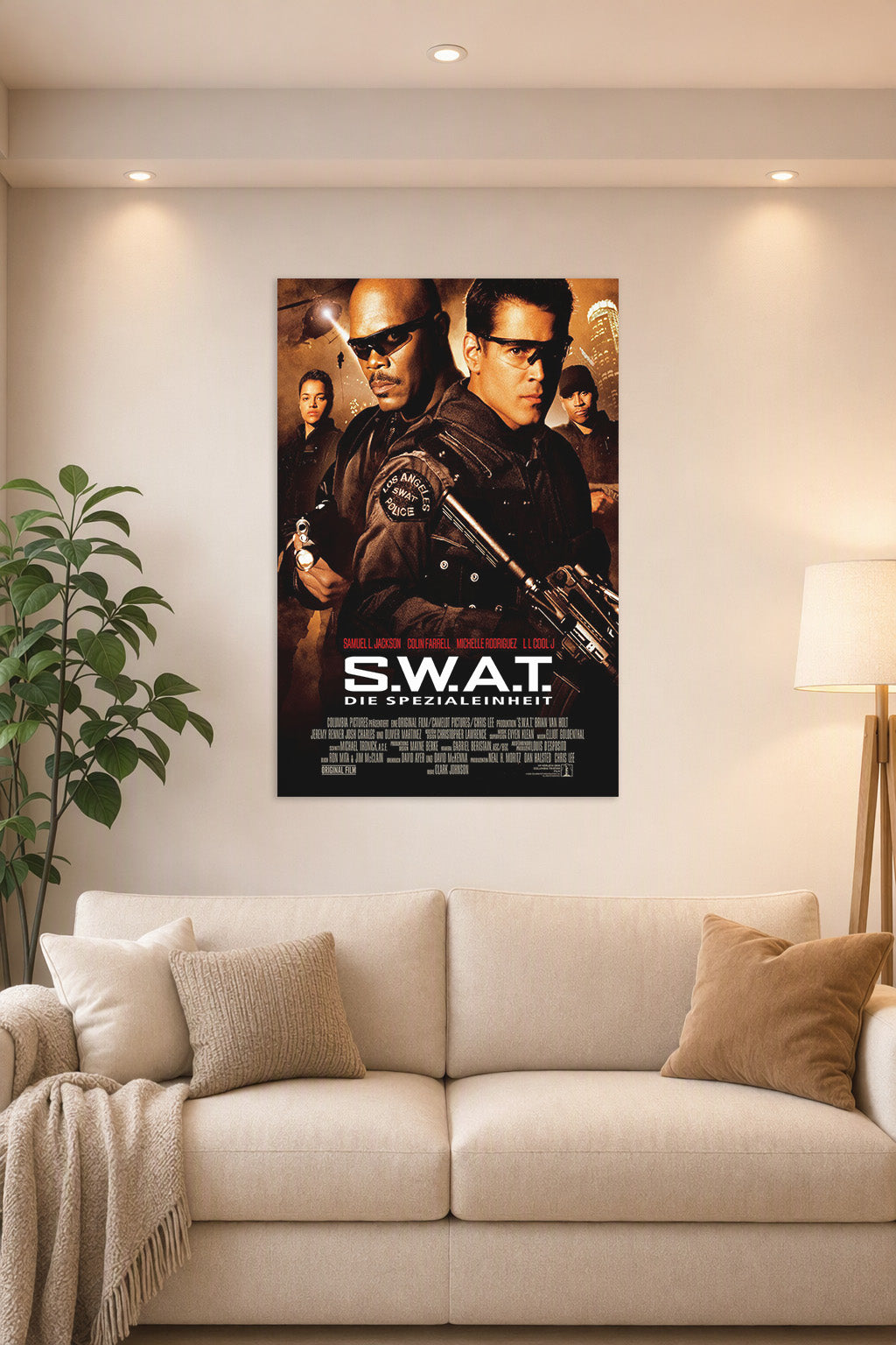 S.W.A.T. Movie in a bright living room above a beige sofa.