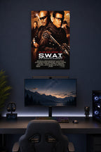 S.W.A.T. Movie in a gaming desk setup above a monitor.