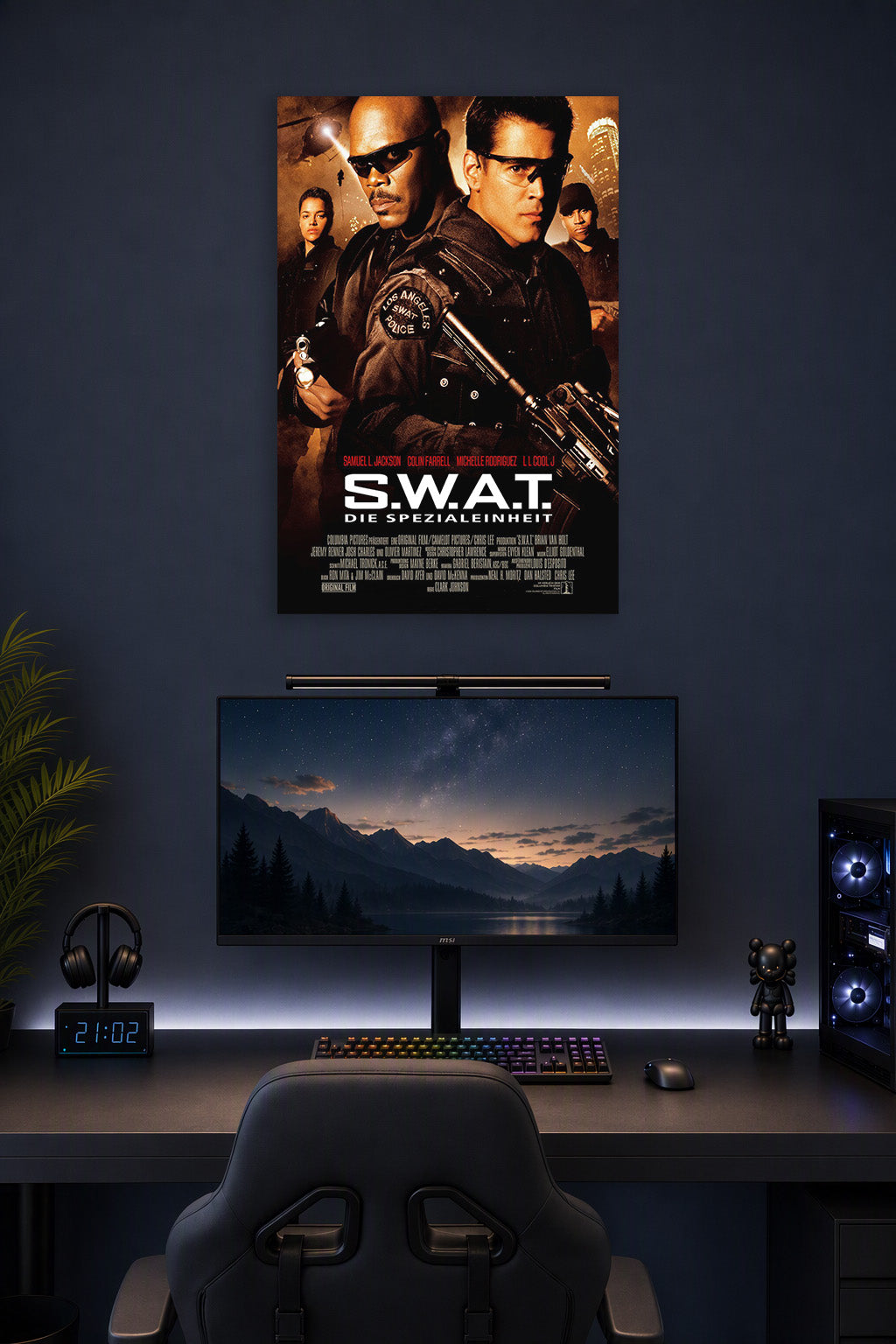 S.W.A.T. Movie in a gaming desk setup above a monitor.
