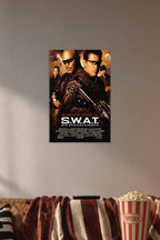 S.W.A.T. Movie in a cozy movie room above a brown sofa with popcorn.