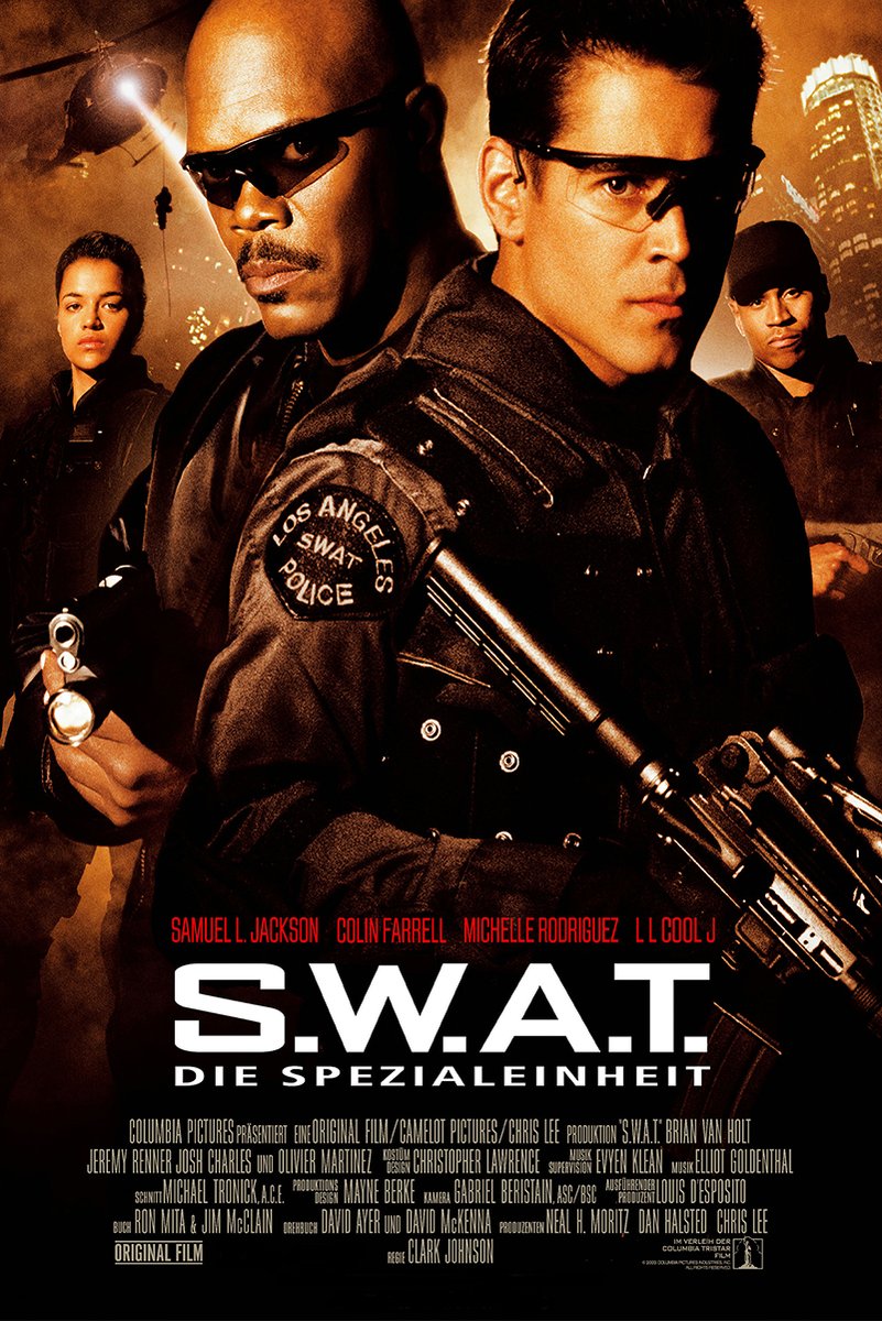 S.W.A.T. movie poster features four tactical officers, a helicopter, city lights, and guns in dramatic amber and black tones.