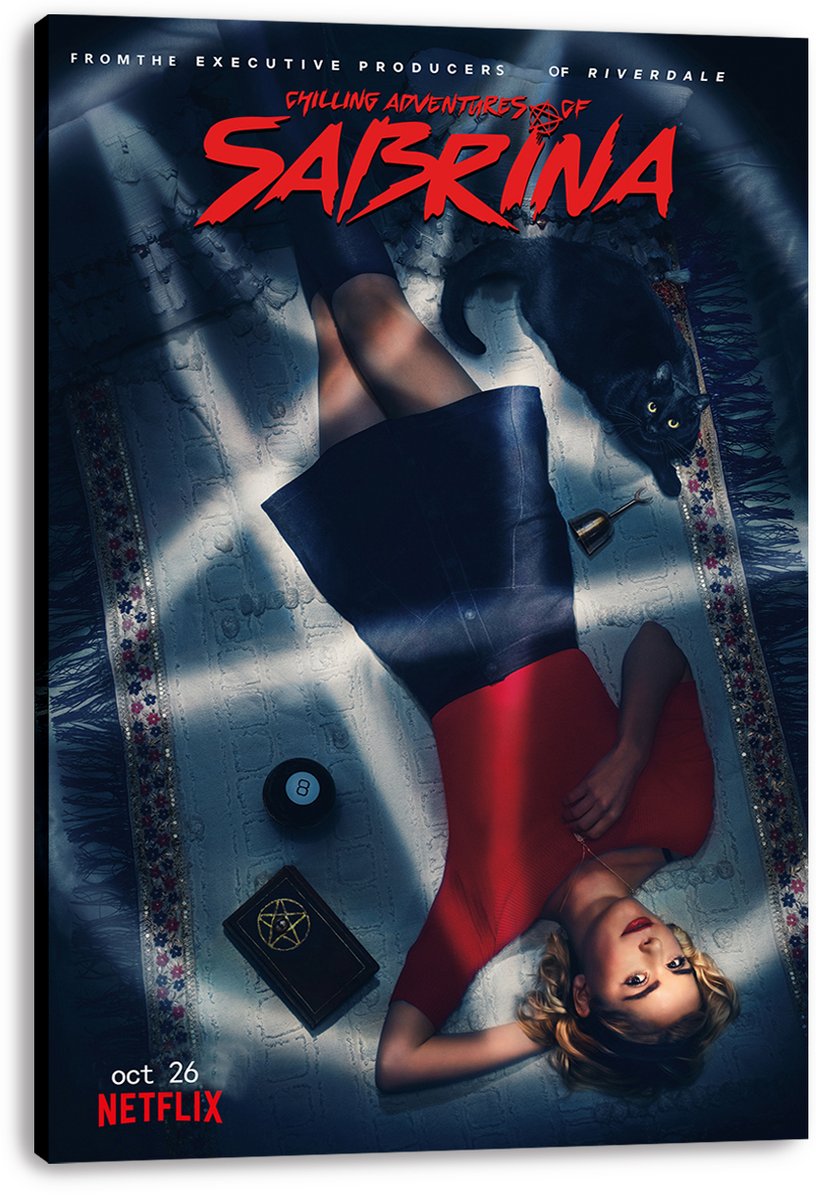 Sabrina Spellman canvas wall art print displays Sabrina in red beside Salem, an 8-ball, and a pentagram-marked book.