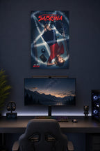 Sabrina Spellman Chilling Adventures in a gaming desk setup above a monitor.