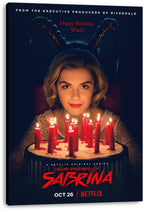 Sabrina Spellman canvas wall art print displays a blonde woman, red candles on a dark cake, shadowy horns, and Netflix series text.
