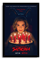 Sabrina Spellman framed wall art print features a blonde woman behind glowing red candles, silhouetted horns, and a black frame.