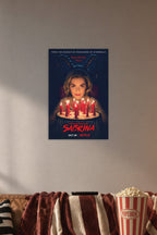 Sabrina Spellman Chilling Adventures of Sabrina in a cozy movie room above a brown sofa with popcorn.