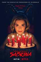 Sabrina Spellman poster features a blonde woman behind a cake of lit red candles, with dark horns and red series lettering.