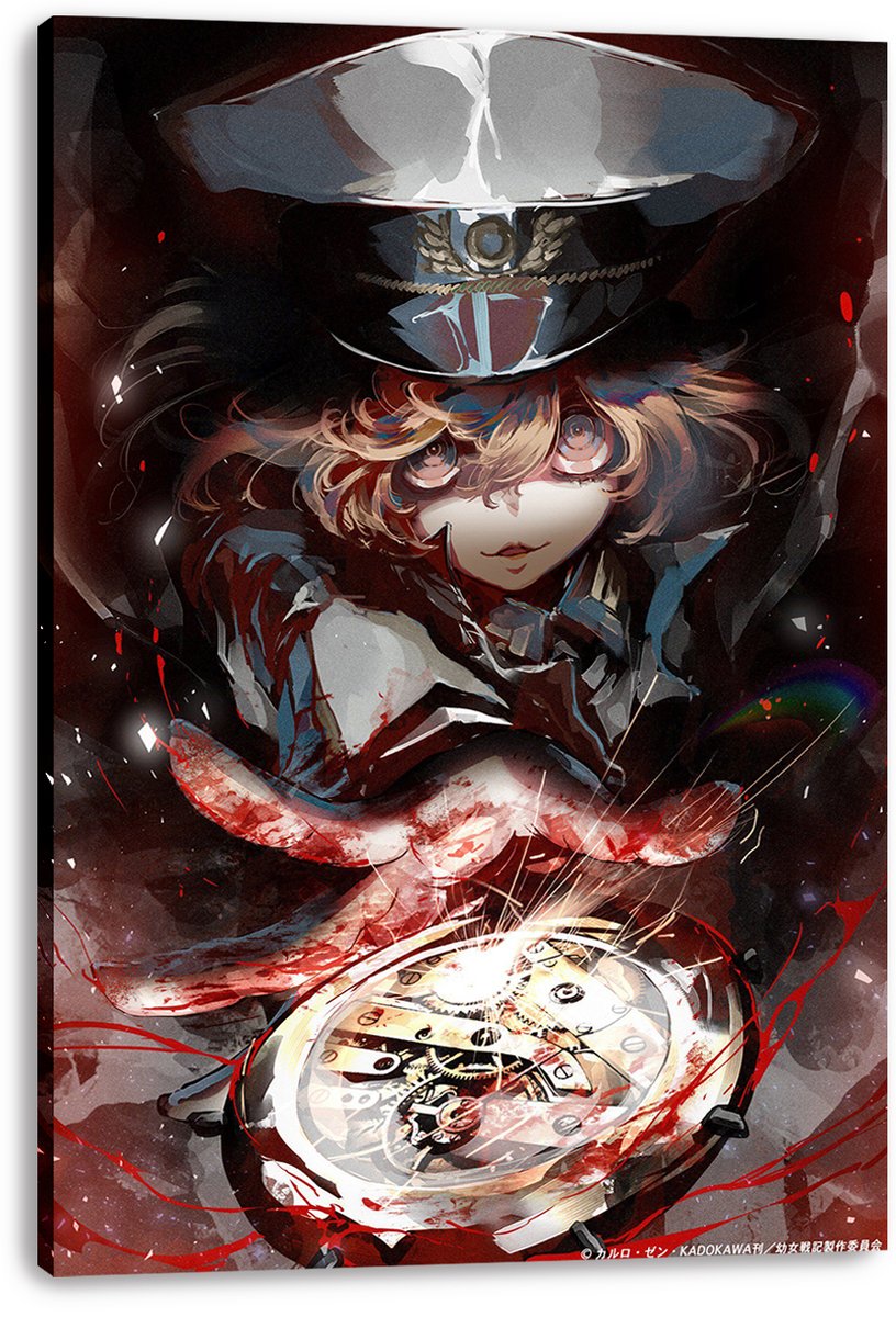 Tanya the Evil canvas wall art print features Tanya von Degurechaff in uniform, with red splashes and a radiant mechanical pocket watch.