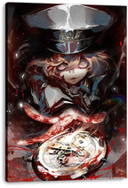 Tanya the Evil canvas wall art print features Tanya von Degurechaff in uniform, with red splashes and a radiant mechanical pocket watch.
