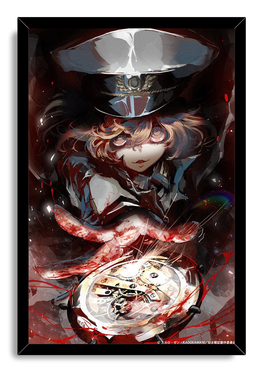 Tanya the Evil framed wall art print depicts Tanya von Degurechaff beneath a military cap, surrounded by smoky shadows and clockwork.