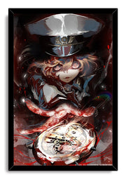 Tanya the Evil framed wall art print depicts Tanya von Degurechaff beneath a military cap, surrounded by smoky shadows and clockwork.