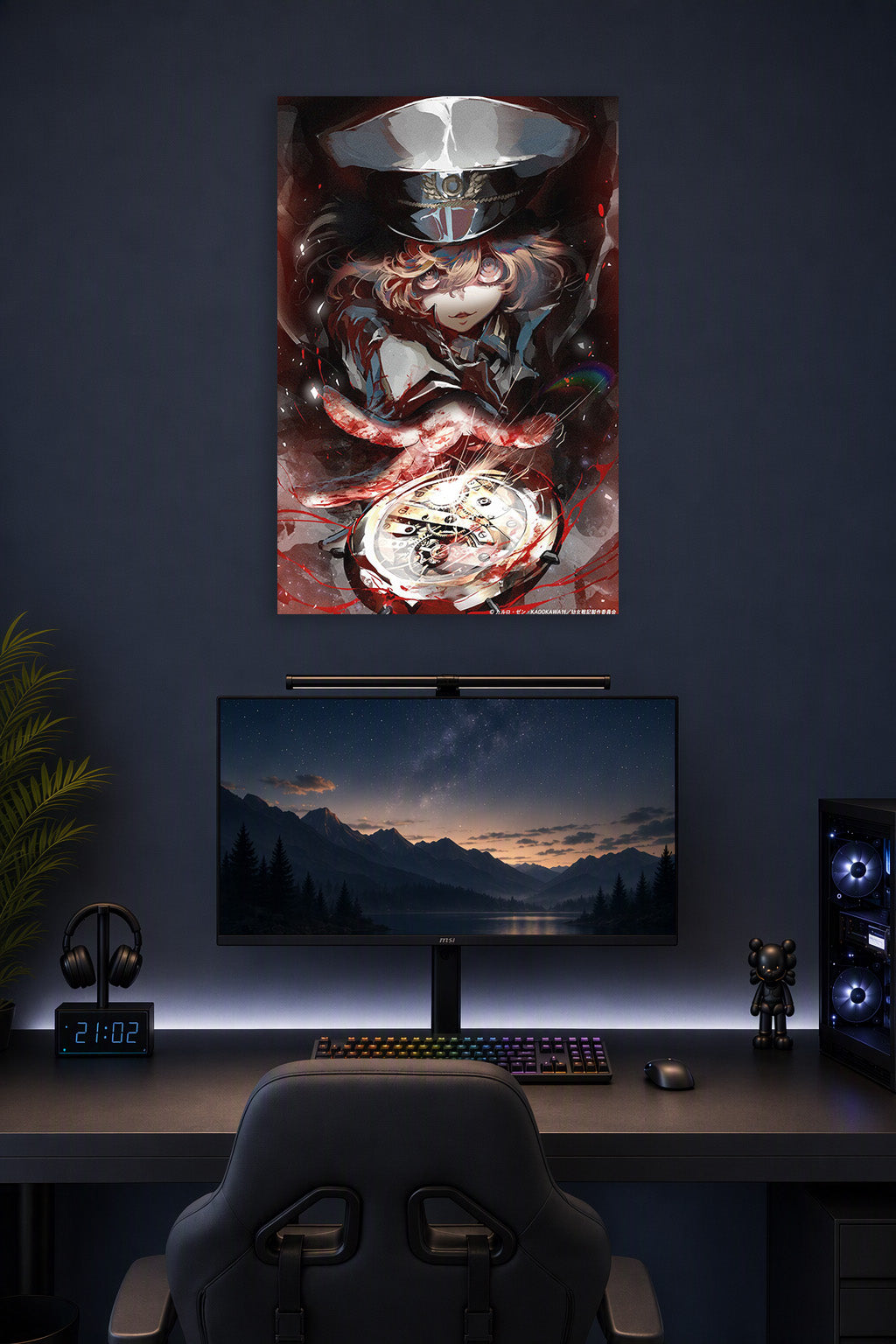 Saga of Tanya the Evil Tanya in a gaming desk setup above a monitor.