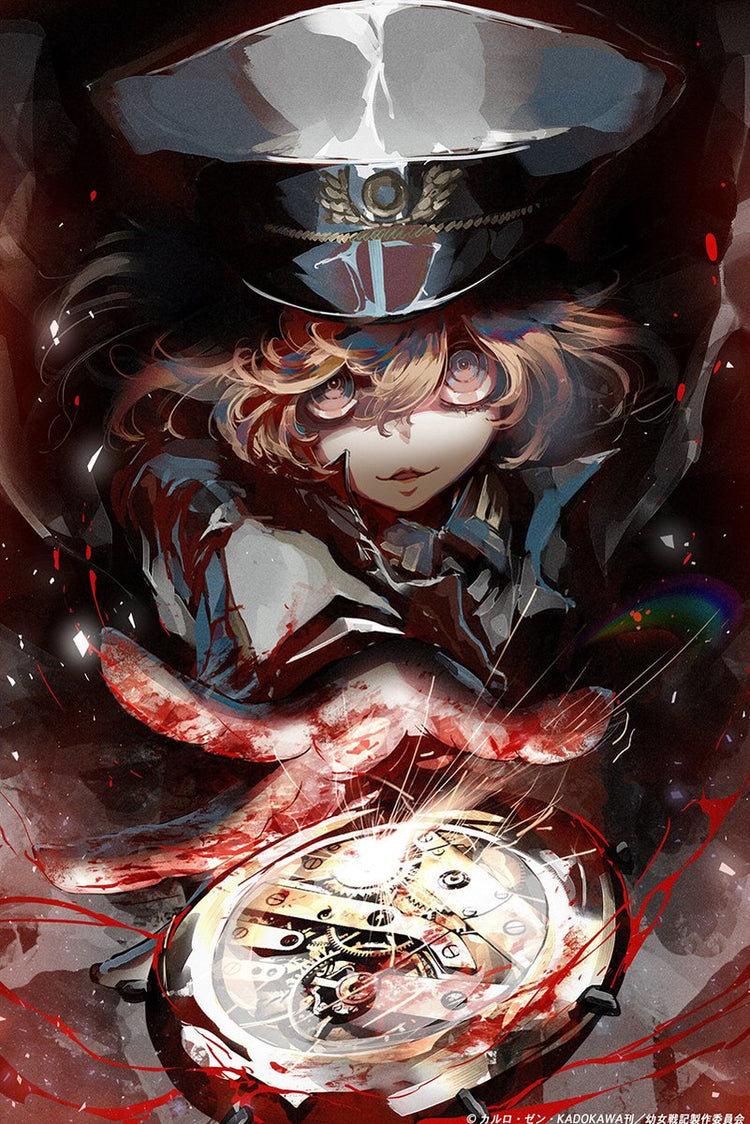 Tanya the Evil poster artwork portrays Tanya von Degurechaff in a dark military cap above a glowing, gear-filled pocket watch.