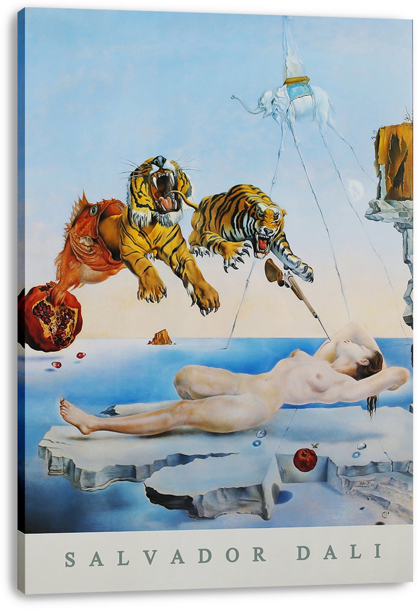 Salvador Dalí canvas wall art print features two roaring tigers above a nude figure beside blue water and a pale elephant.