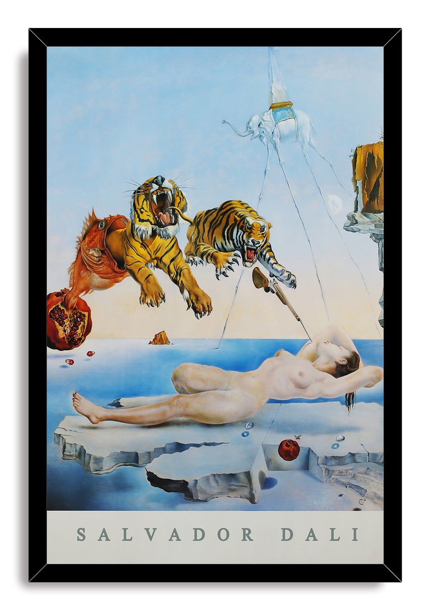 Salvador Dalí framed wall art print portrays flying tigers, a fish and pomegranate, nude dreamer, and spindly elephant.