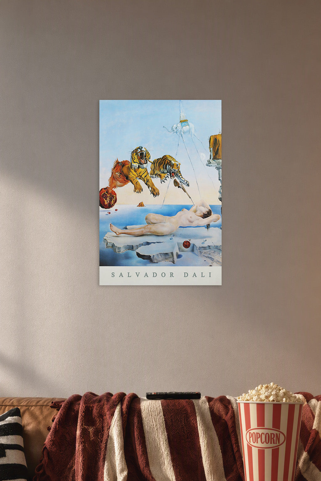Salvador Dalí Surreal Dream Tigers Nude in a cozy movie room above a brown sofa with popcorn.