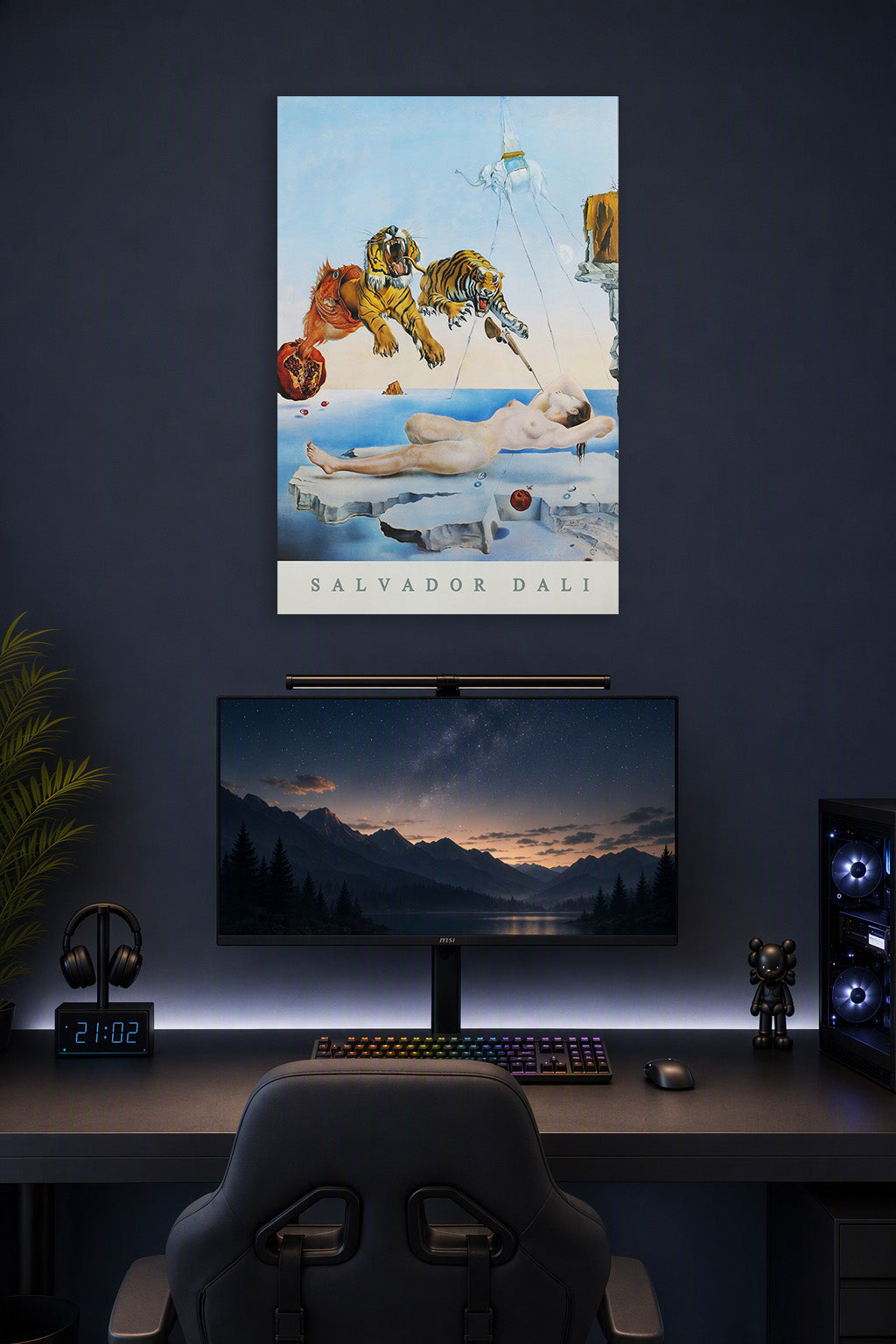 Salvador Dalí Surreal Dream Tigers Nude in a gaming desk setup above a monitor.