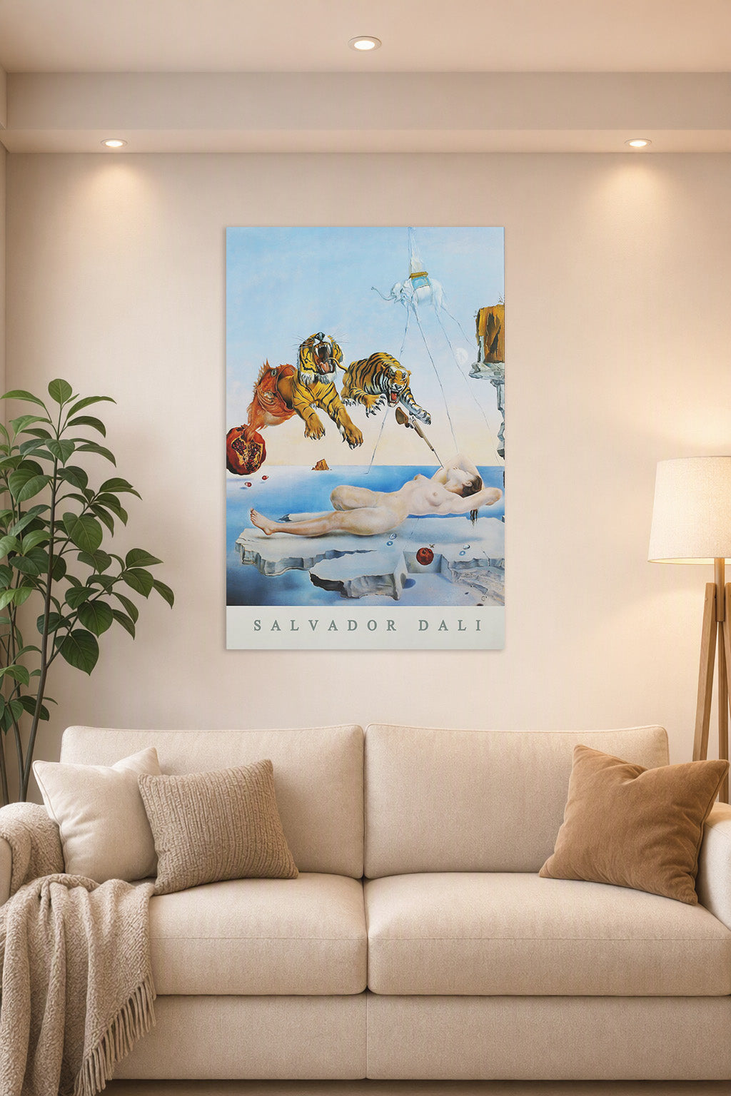 Salvador Dalí Surreal Dream Tigers Nude in a bright living room above a beige sofa.